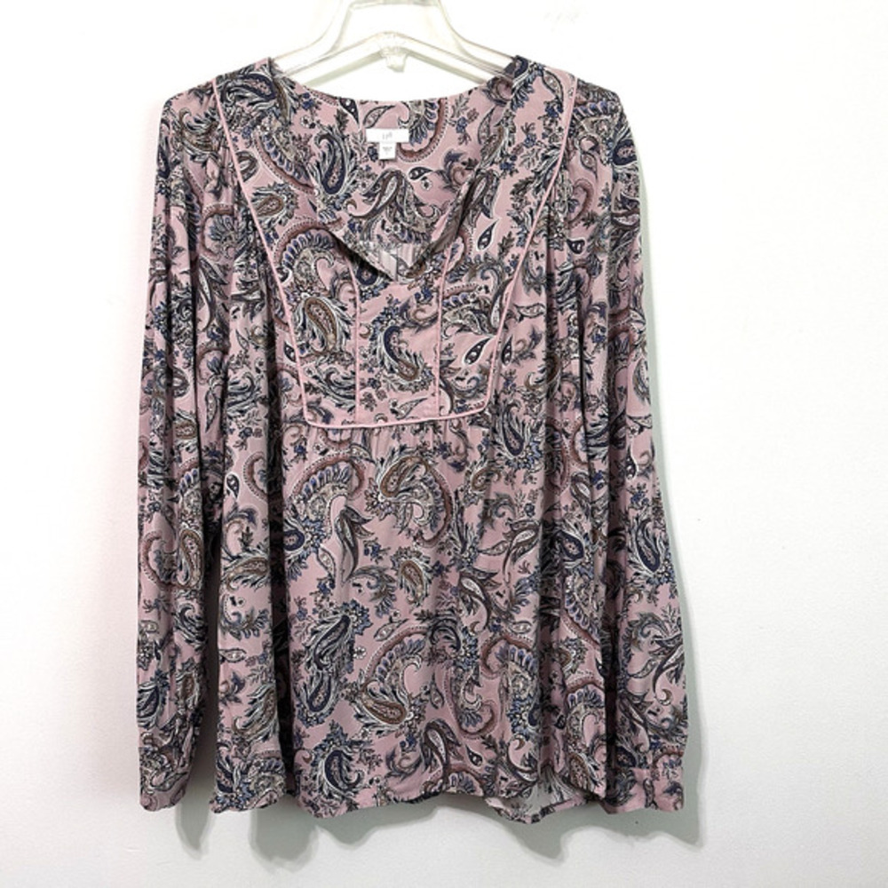 J Jill Pink Paisley Top L Long Sleeve Piped Peasant Popover Blouse Casual Work